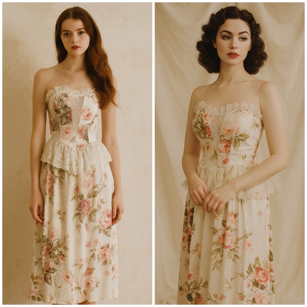 Vintage GUNNE SAX by Jessica McClintock Floral Roses Lace Cottagecore Midi Dress